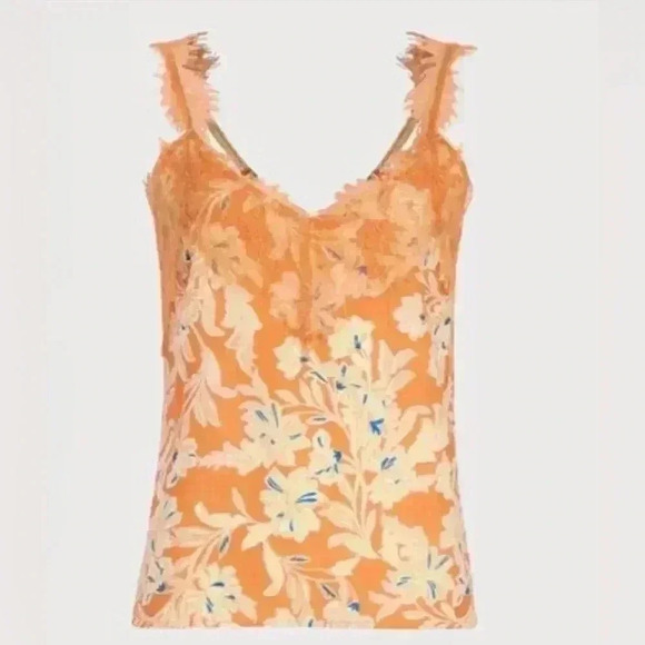 Sam Edelman Palmer Lace Accent Tank Top Apricot Orange Floral Large NWT - Picture 1 of 3